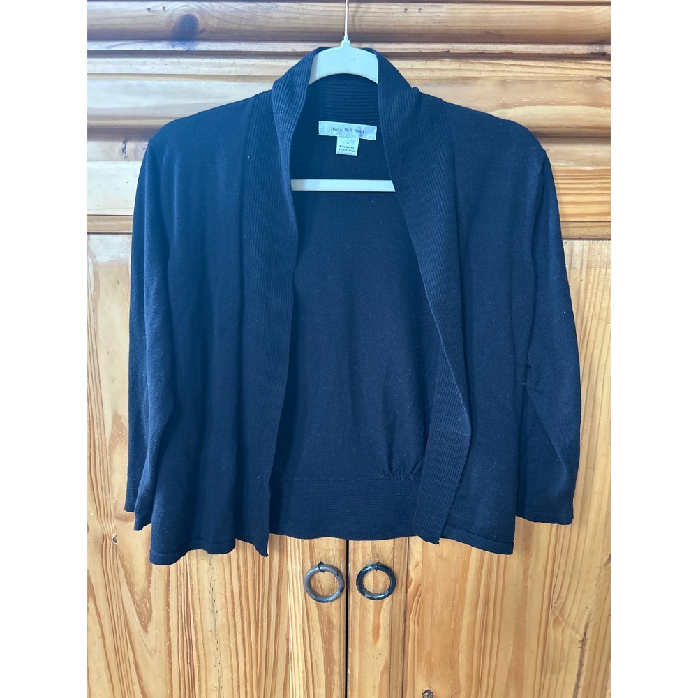 August Silk Womens Black Open Front Cardigan Ribbed Trim 3/4 Sleeve Knit Small